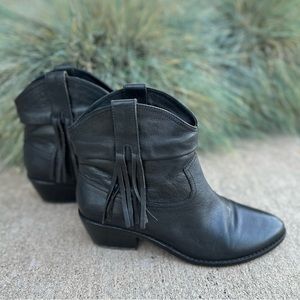 Joie Keaton Leather Ankle Boot Black Western Fringe Round Toe 37.5 size